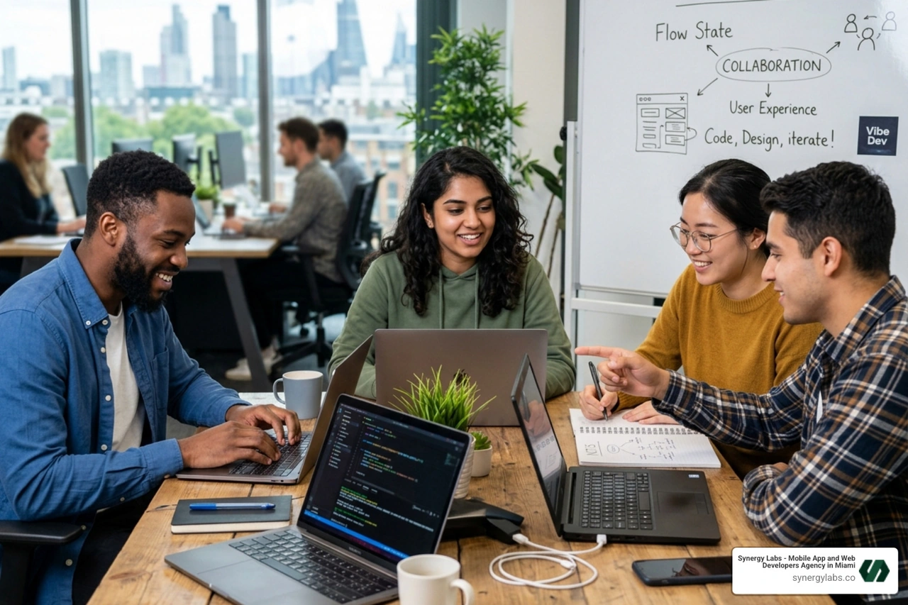 Modern workspace with AI coding tools and multiple monitors - Vibe Coding Developers