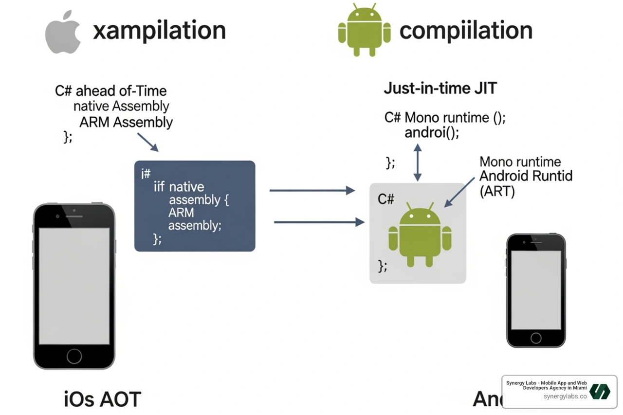 Xamarin compilation architecture showing Ahead-of-Time and Just-in-Time compilation flows Xamarin compilation architecture showing Ahead-of-Time and Just-in-Time compilation flows