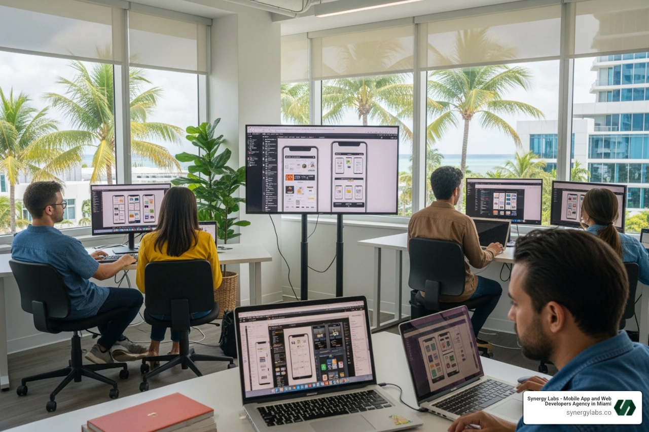 A modern collaborative workspace in Miami where developers and designers are working together on mobile app wireframes. The environment is bright and tech-focused, reflecting the "Silicon Beach" culture. - mobile app developer miami A modern collaborative workspace in Miami where developers and designers are working together on mobile app wireframes. The environment is bright and tech-focused, reflecting the "Silicon Beach" culture. - mobile app developer miami