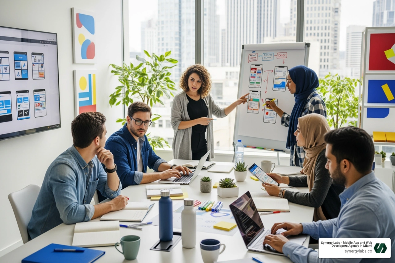 diverse team collaborating on a new app design - environmentally friendly apps diverse team collaborating on a new app design - environmentally friendly apps