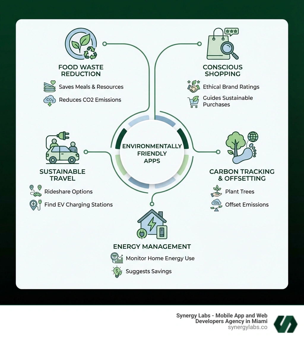 Infographic showing main categories of environmentally friendly apps: Food Waste Reduction (saves meals and reduces CO2), Conscious Shopping (ethical brand ratings), Sustainable Travel (rideshare and EV charging), Carbon Tracking (plant trees and offset emissions), and Energy Management (monitor and reduce home energy use) - environmentally friendly apps infographic Infographic showing main categories of environmentally friendly apps: Food Waste Reduction (saves meals and reduces CO2), Conscious Shopping (ethical brand ratings), Sustainable Travel (rideshare and EV charging), Carbon Tracking (plant trees and offset emissions), and Energy Management (monitor and reduce home energy use) - environmentally friendly apps infographic