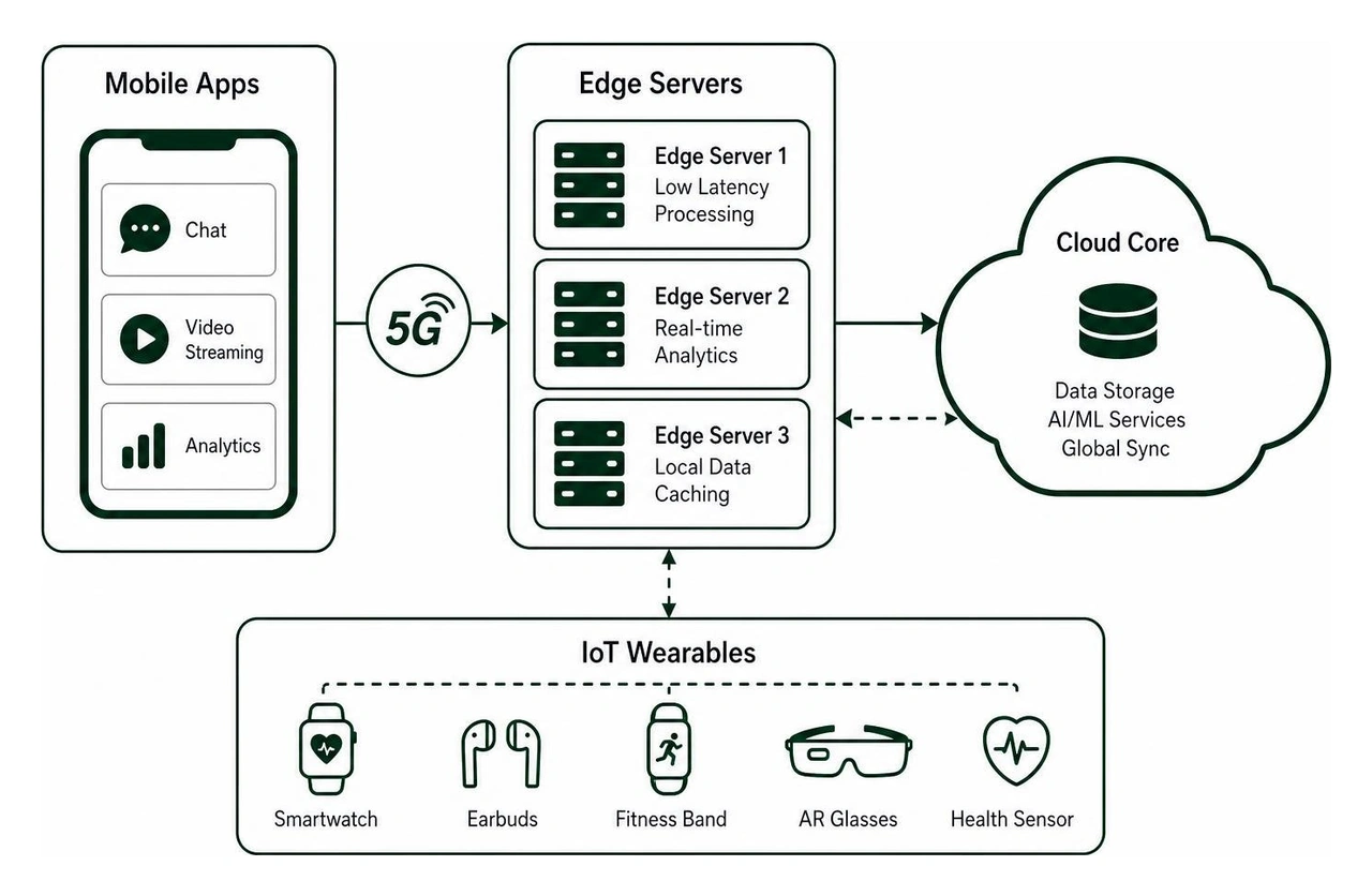Diagram illustrating 5G cloud architecture connecting mobile apps, edge servers, and IoT wearables Diagram illustrating 5G cloud architecture connecting mobile apps, edge servers, and IoT wearables