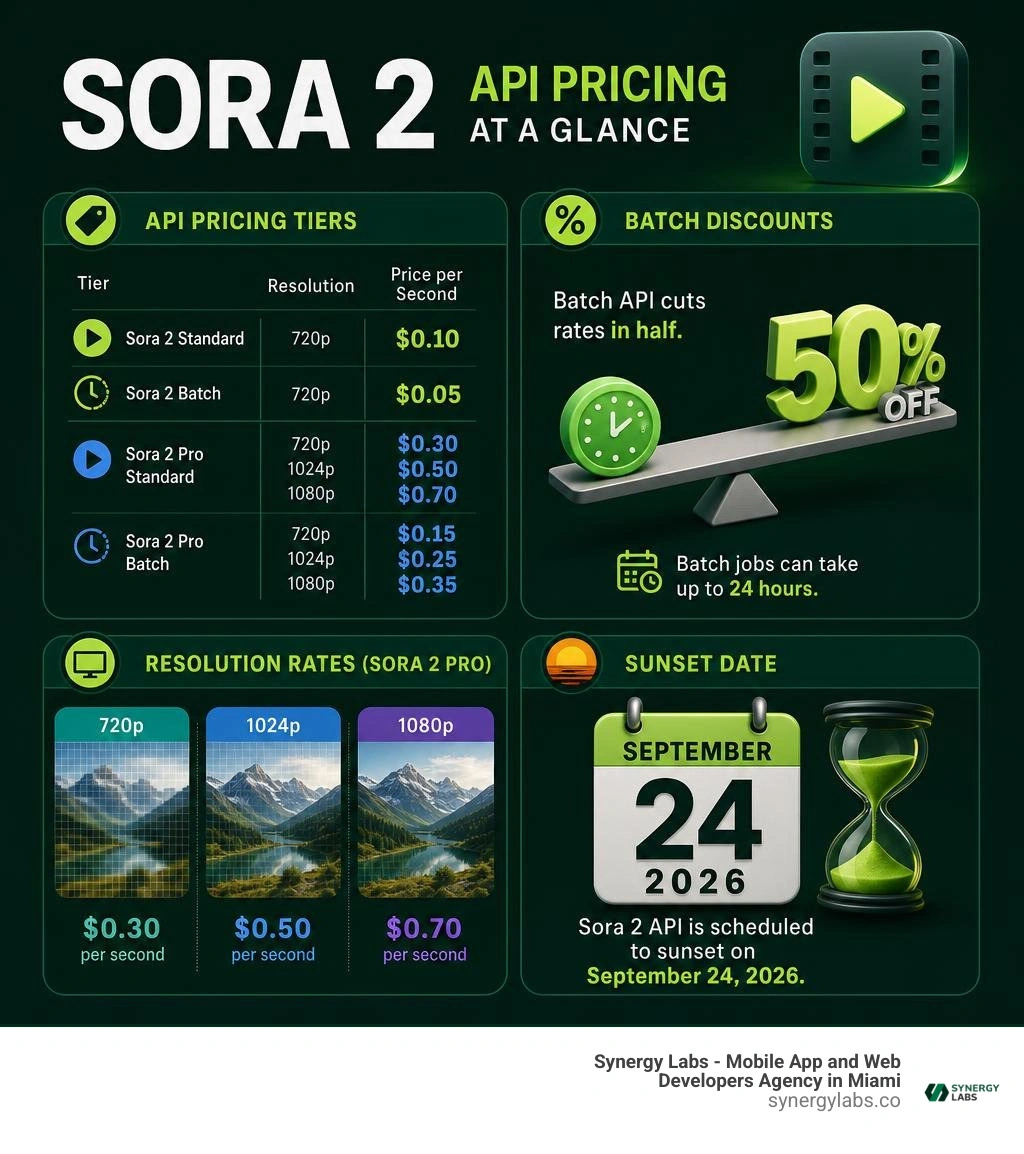 Sora 2 API pricing tiers, Batch discounts, resolution rates, and September 2026 sunset infographic Sora 2 API pricing tiers, Batch discounts, resolution rates, and September 2026 sunset infographic