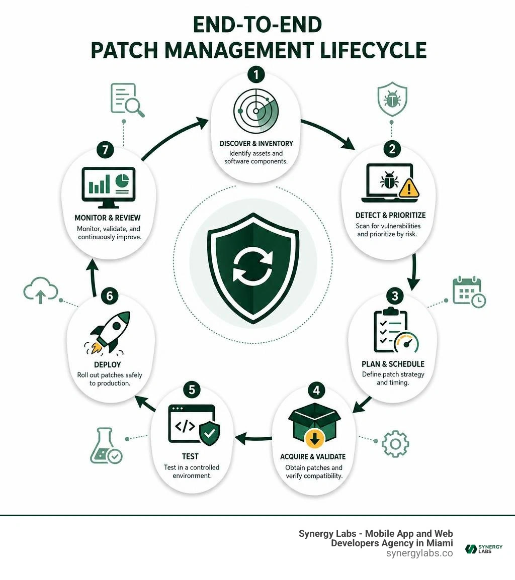 End-to-end patch management lifecycle flow infographic End-to-end patch management lifecycle flow infographic