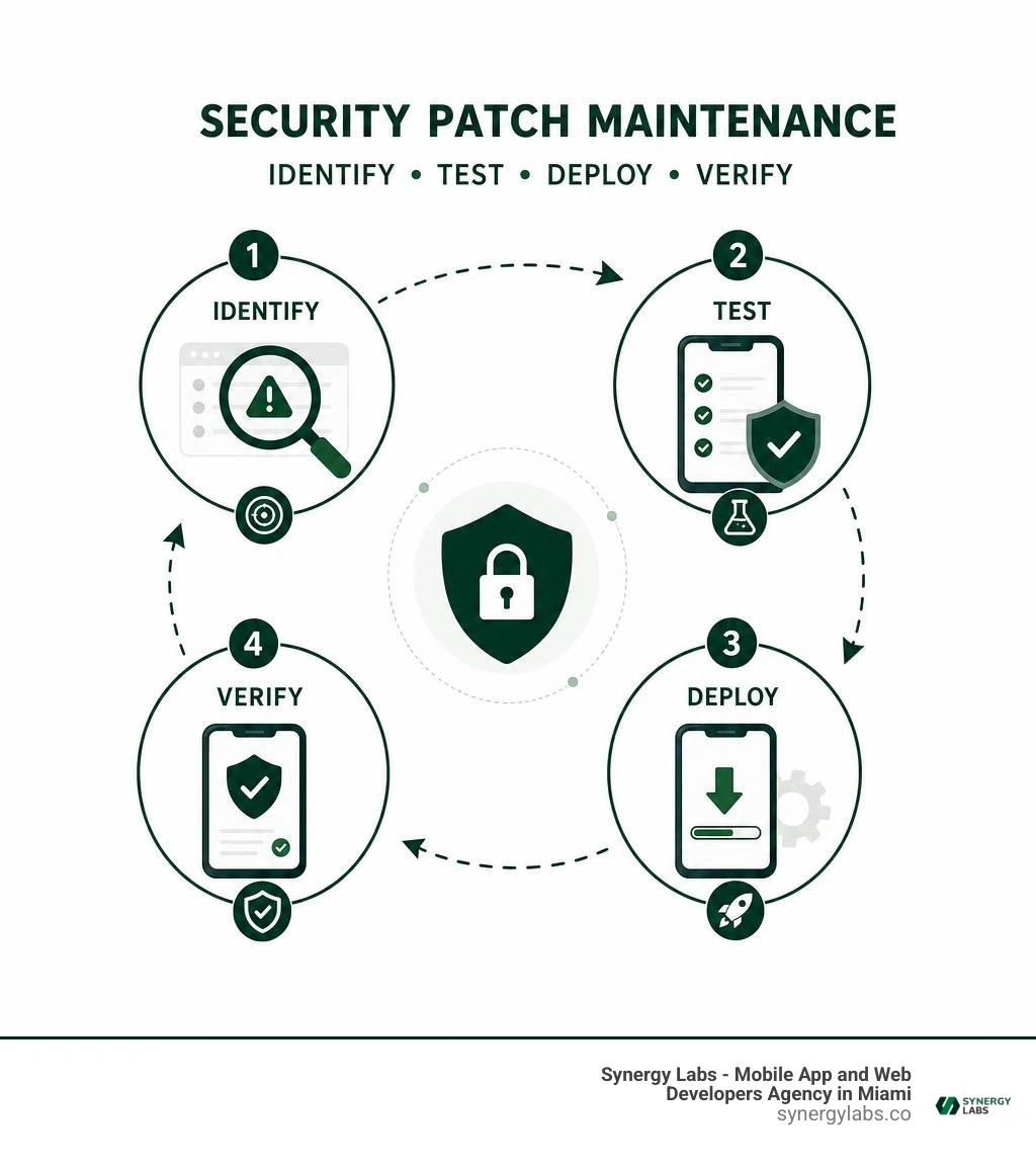 Security patch maintenance: identify, test, deploy, verify infographic Security patch maintenance: identify, test, deploy, verify infographic