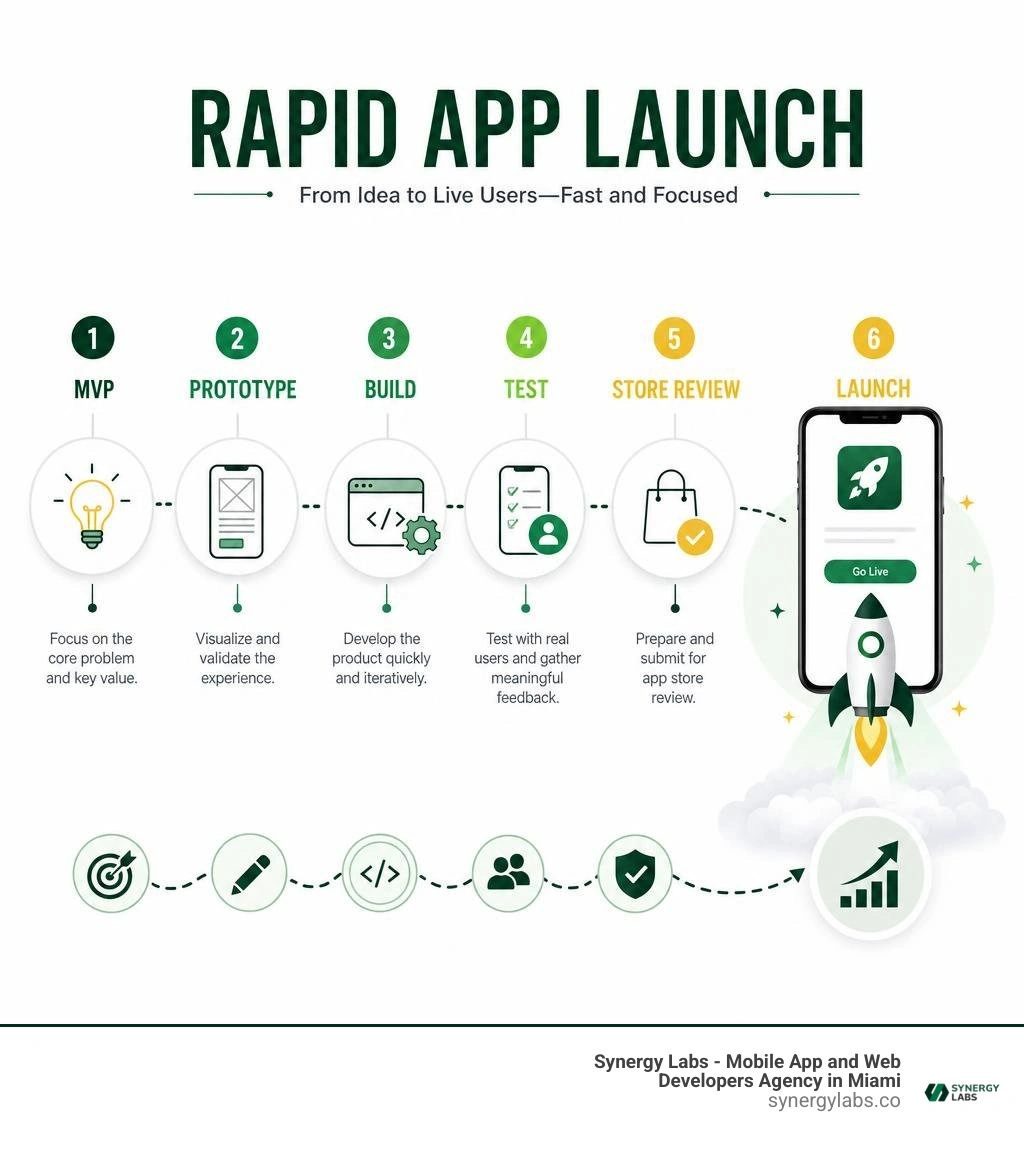 Rapid app launch infographic showing MVP, prototype, build, test, store review, and launch infographic