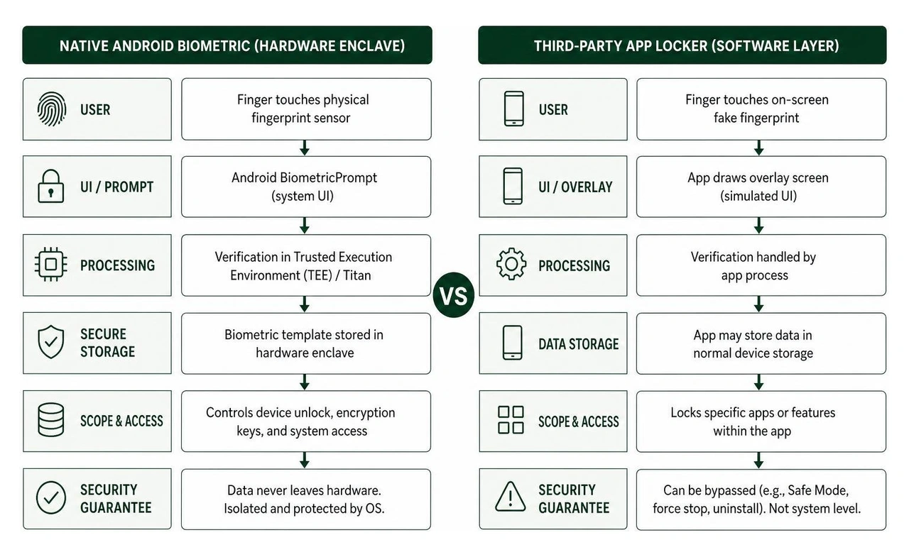 Diagram comparing native Android hardware biometric enclave versus third-party app locker software layer Diagram comparing native Android hardware biometric enclave versus third-party app locker software layer