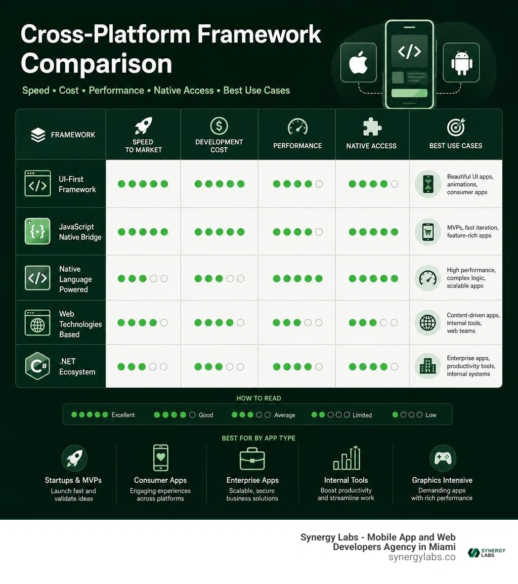 Cross-platform framework comparison: speed, cost, performance, native access, and best use cases infographic