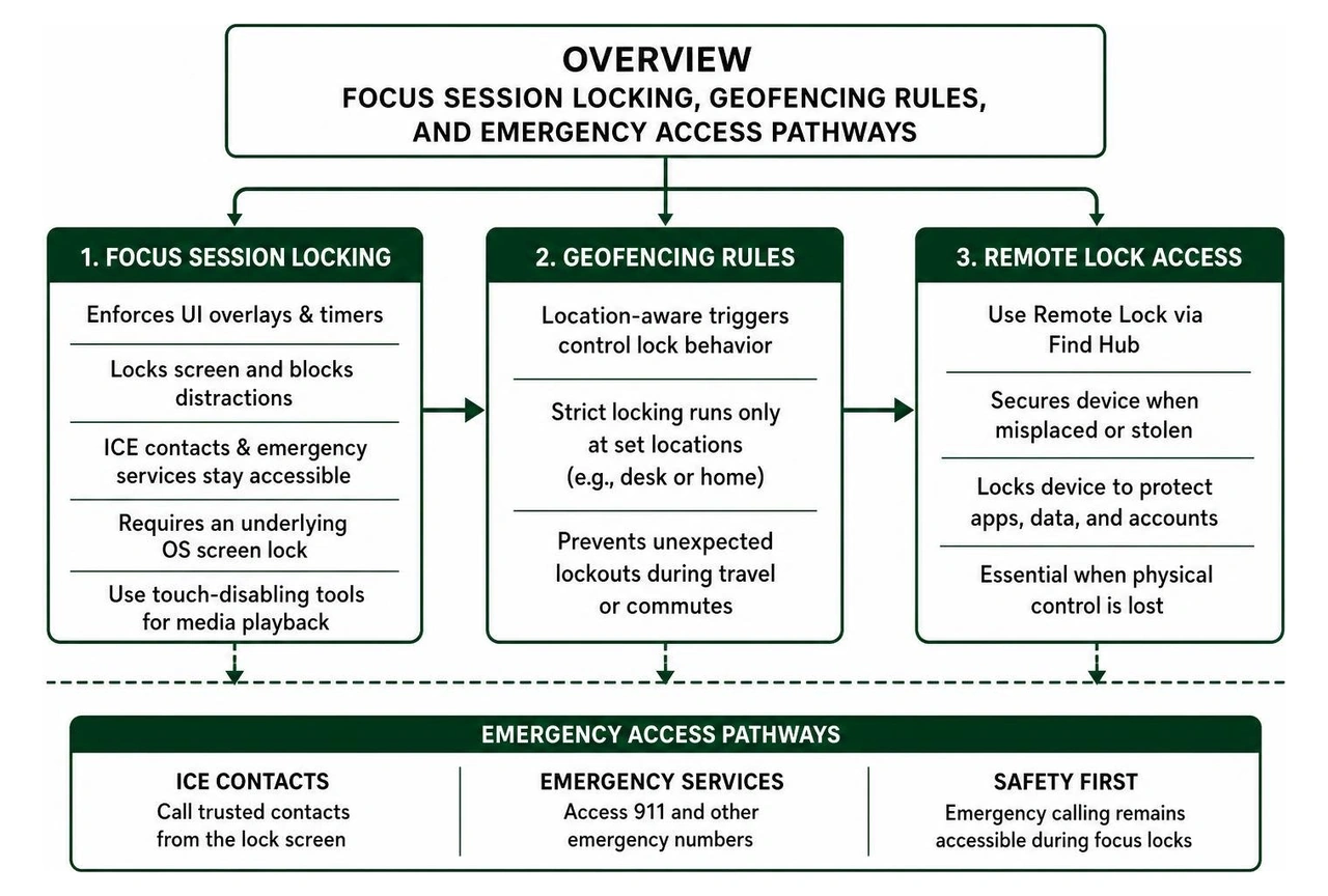 Overview of focus session locking, geofencing rules, and emergency access pathways