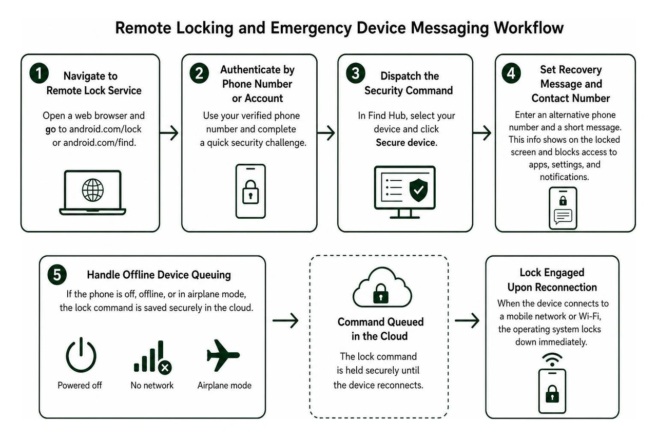 Step-by-step remote locking and emergency device messaging workflow
