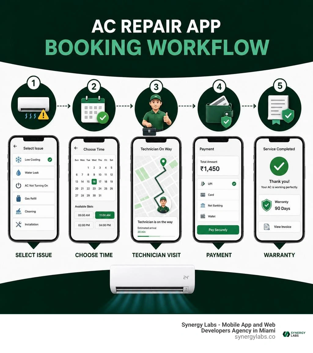AC repair app booking workflow: select issue, choose time, technician visit, payment and warranty infographic AC repair app booking workflow: select issue, choose time, technician visit, payment and warranty infographic