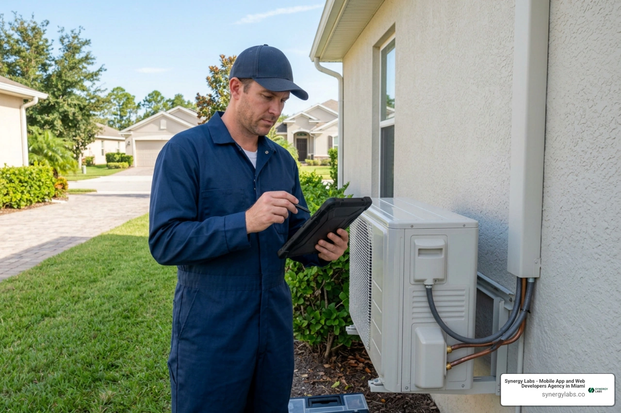 HVAC technician inspecting split unit with digital tablet HVAC technician inspecting split unit with digital tablet