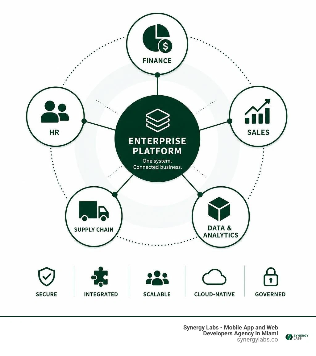 Enterprise software ecosystem connecting finance HR sales supply chain and data infographic Enterprise software ecosystem connecting finance HR sales supply chain and data infographic