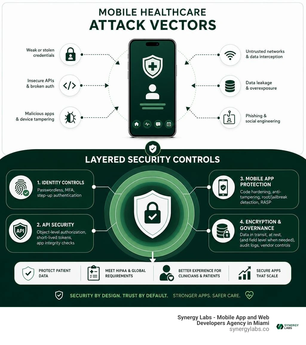 Mobile healthcare attack vectors and layered security controls infographic Mobile healthcare attack vectors and layered security controls infographic