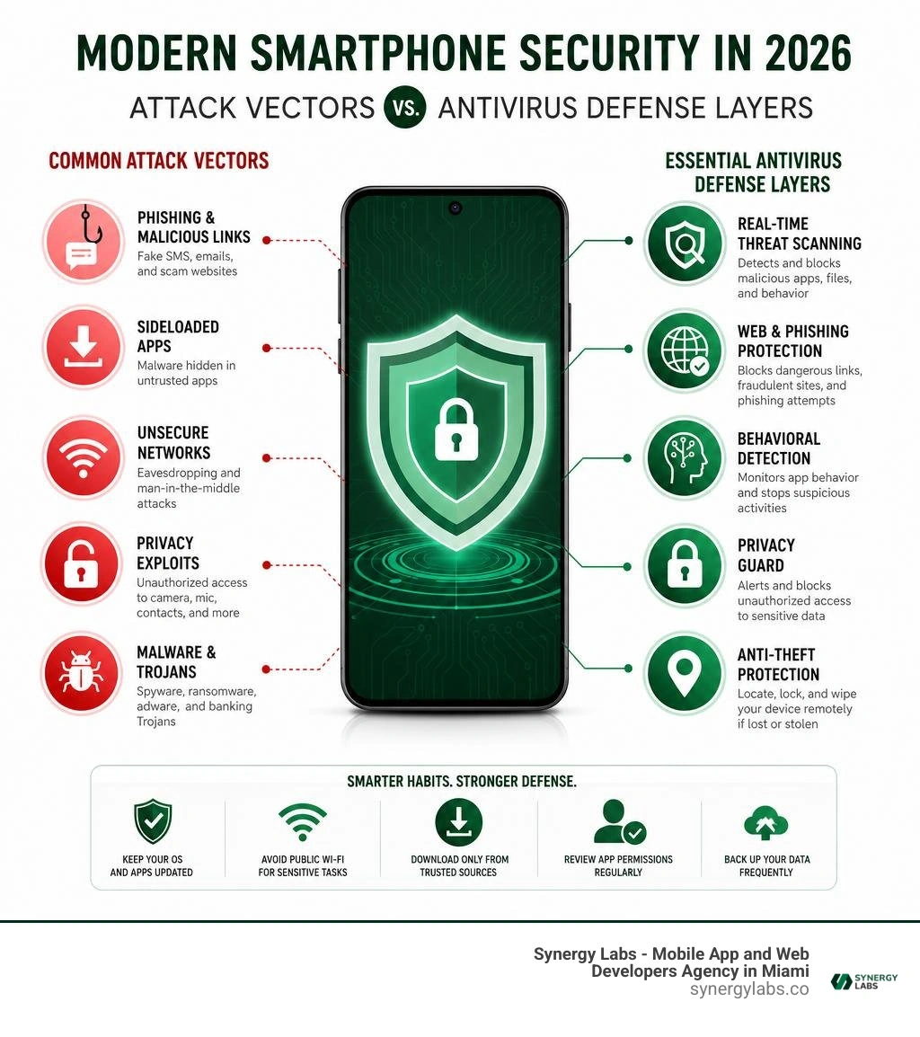 Modern smartphone attack vectors and essential phone antivirus defense layers infographic Modern smartphone attack vectors and essential phone antivirus defense layers infographic