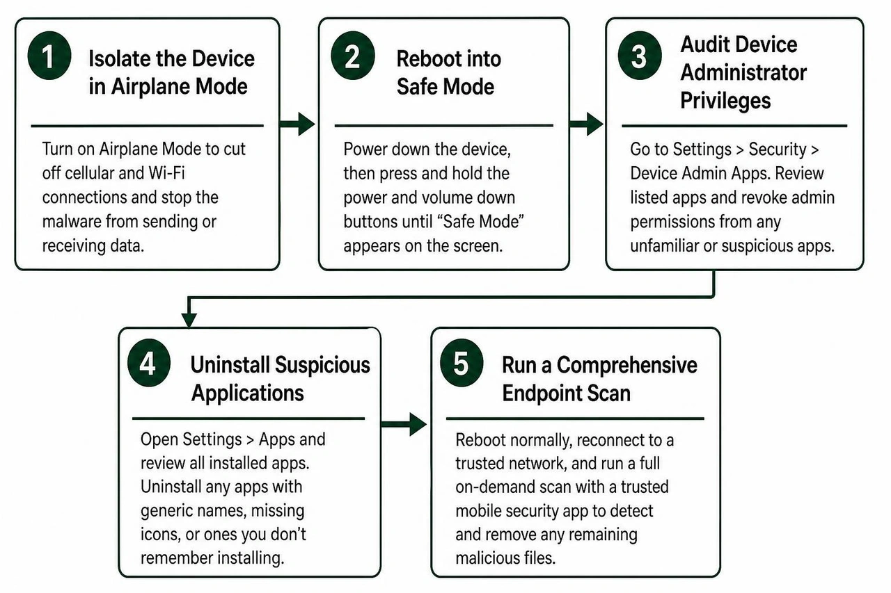 Step-by-step incident response sequence to isolate, detect, and remove mobile malware Step-by-step incident response sequence to isolate, detect, and remove mobile malware