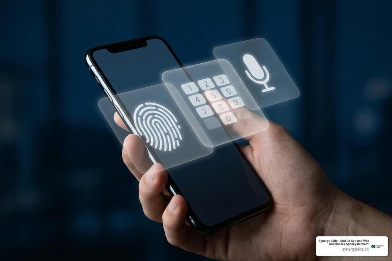 Layered security model illustrating voice lock alongside biometric and hardware PIN protection Layered security model illustrating voice lock alongside biometric and hardware PIN protection