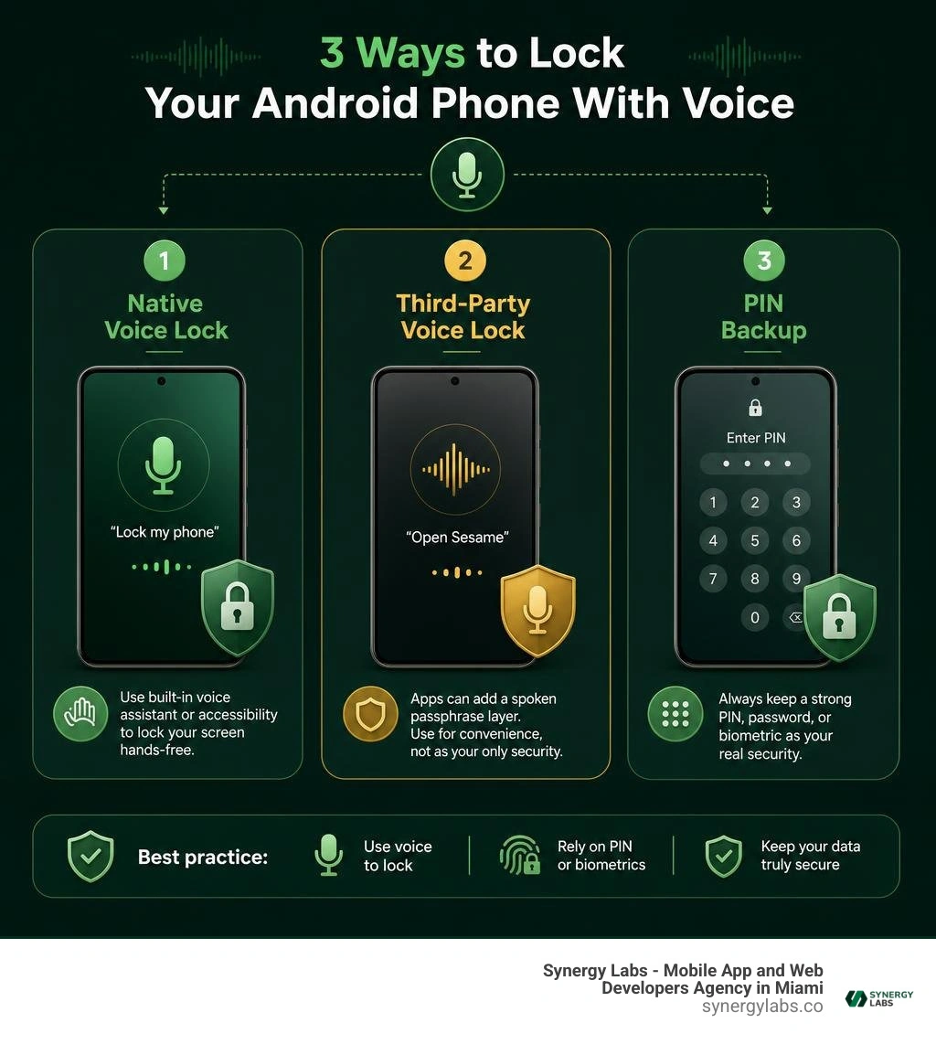 Infographic showing native voice lock, third-party voice lock, and PIN backup infographic Infographic showing native voice lock, third-party voice lock, and PIN backup infographic