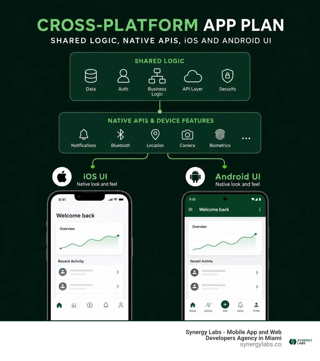 Cross-platform app plan: shared logic, native APIs, iOS and Android UI infographic Cross-platform app plan: shared logic, native APIs, iOS and Android UI infographic