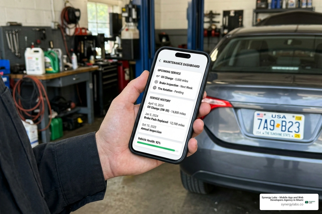 Mobile app dashboard displaying garage maintenance schedule and logs