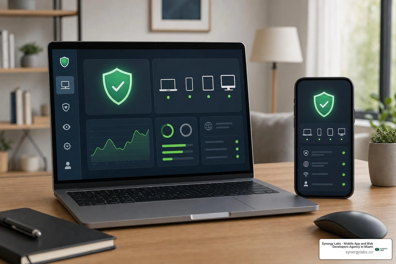 Multi-device security management dashboard across laptop and smartphone Multi-device security management dashboard across laptop and smartphone