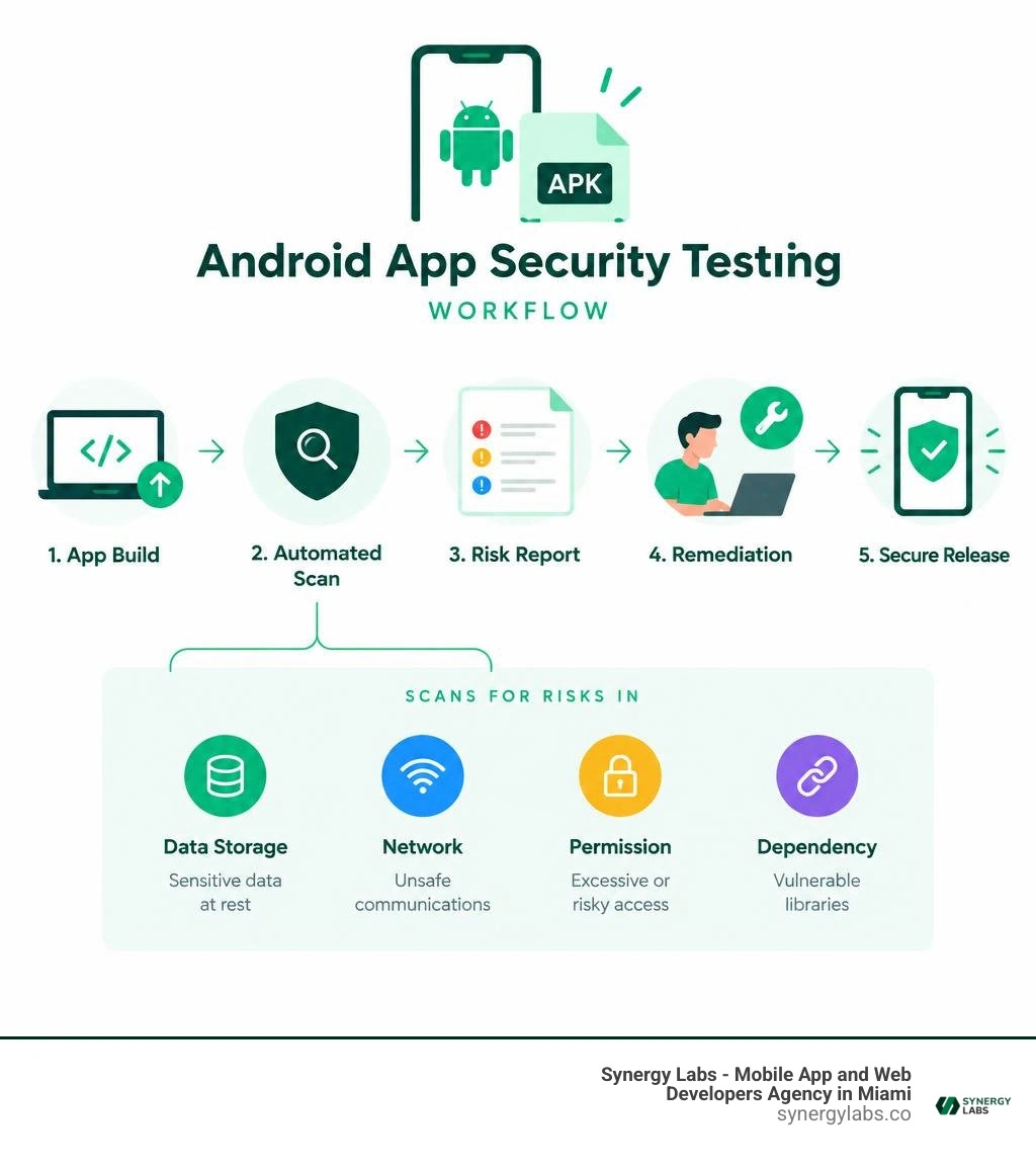 Android app security testing workflow showing an app build scanned for data-storage, network, permission, and dependency Android app security testing workflow showing an app build scanned for data-storage, network, permission, and dependency