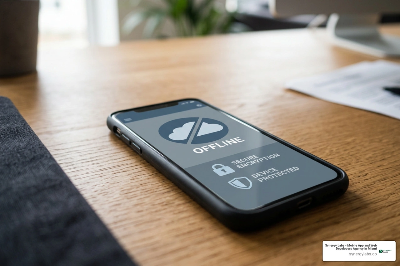 Smartphone on a table displaying an offline status icon with security indicators Smartphone on a table displaying an offline status icon with security indicators