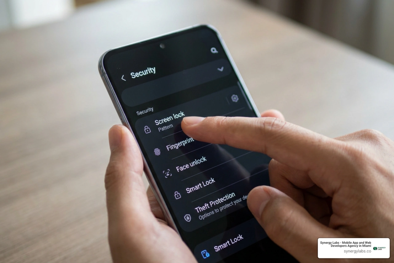 Android settings menu highlighting theft protection and screen lock configuration Android settings menu highlighting theft protection and screen lock configuration