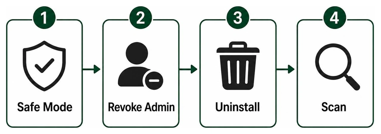 Step-by-step malware removal process: Safe Mode, revoke admin, uninstall, scan Step-by-step malware removal process: Safe Mode, revoke admin, uninstall, scan
