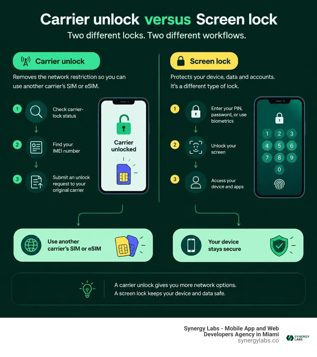 Carrier unlock versus screen lock workflow infographic Carrier unlock versus screen lock workflow infographic