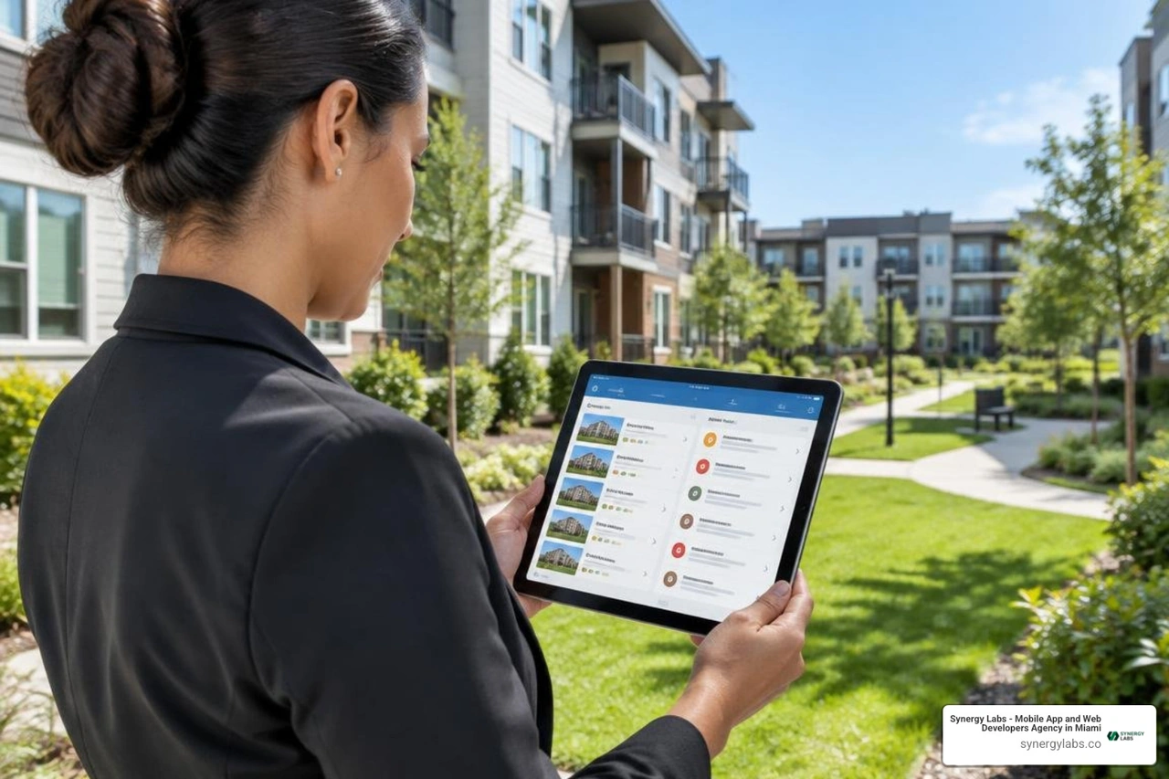 Mobile maintenance dashboard across multiple properties showing active tasks Mobile maintenance dashboard across multiple properties showing active tasks