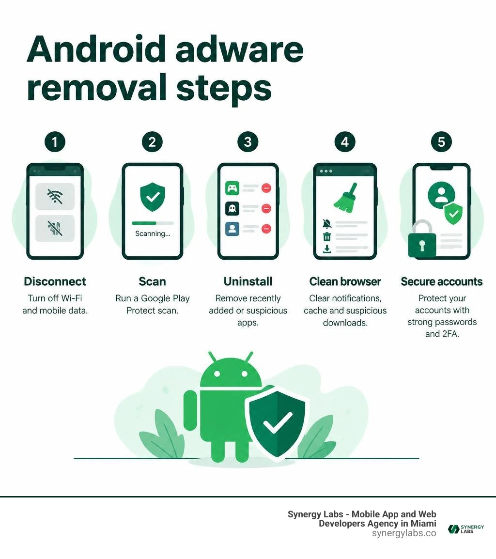 Android adware removal steps: disconnect, scan, uninstall, clean browser, secure accounts infographic Android adware removal steps: disconnect, scan, uninstall, clean browser, secure accounts infographic
