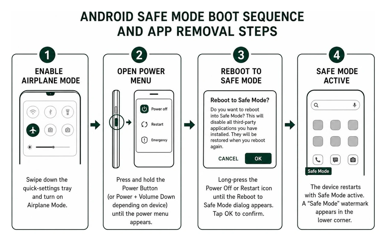 Android safe mode boot sequence and app removal steps Android safe mode boot sequence and app removal steps