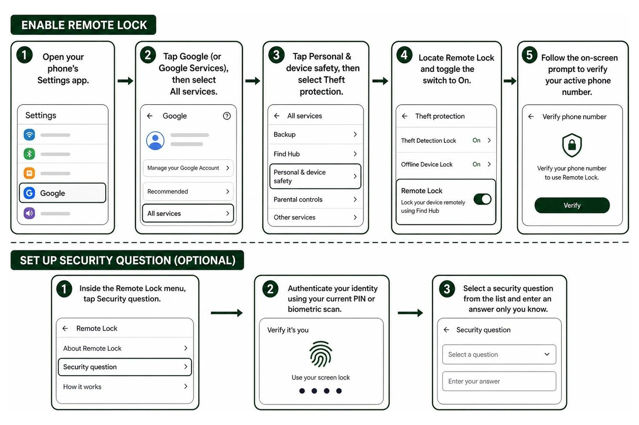 Step-by-step remote lock setup in Android settings Step-by-step remote lock setup in Android settings