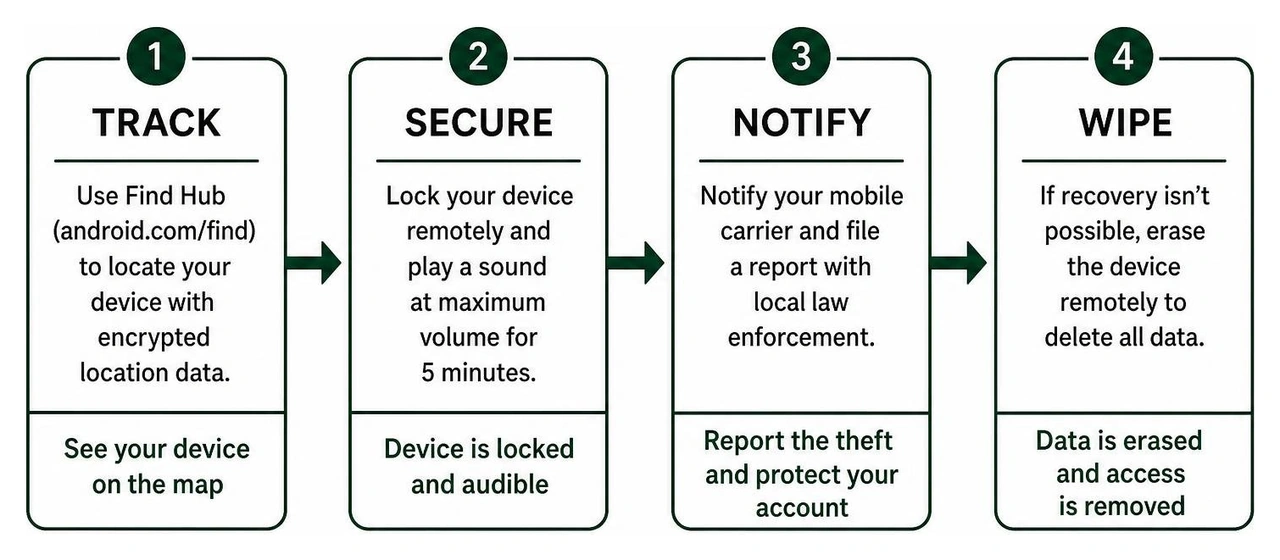 Post-theft recovery workflow: Track, Secure, Notify, Wipe Post-theft recovery workflow: Track, Secure, Notify, Wipe