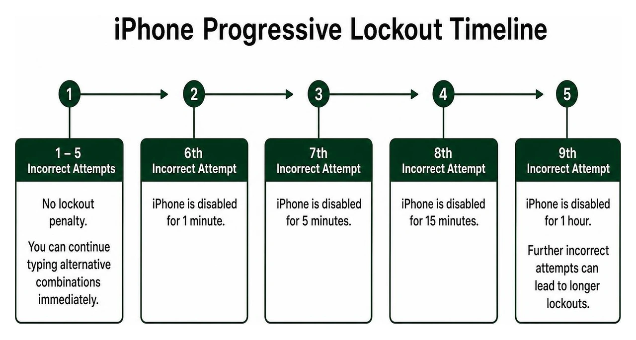 iPhone progressive lockout timeline diagram iPhone progressive lockout timeline diagram