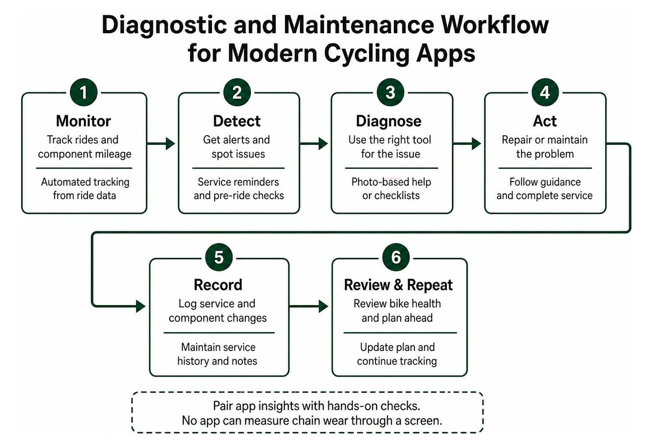 Diagnostic and maintenance workflow for modern cycling apps