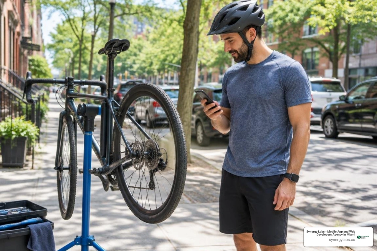 cyclist using a phone beside a bicycle repair stand