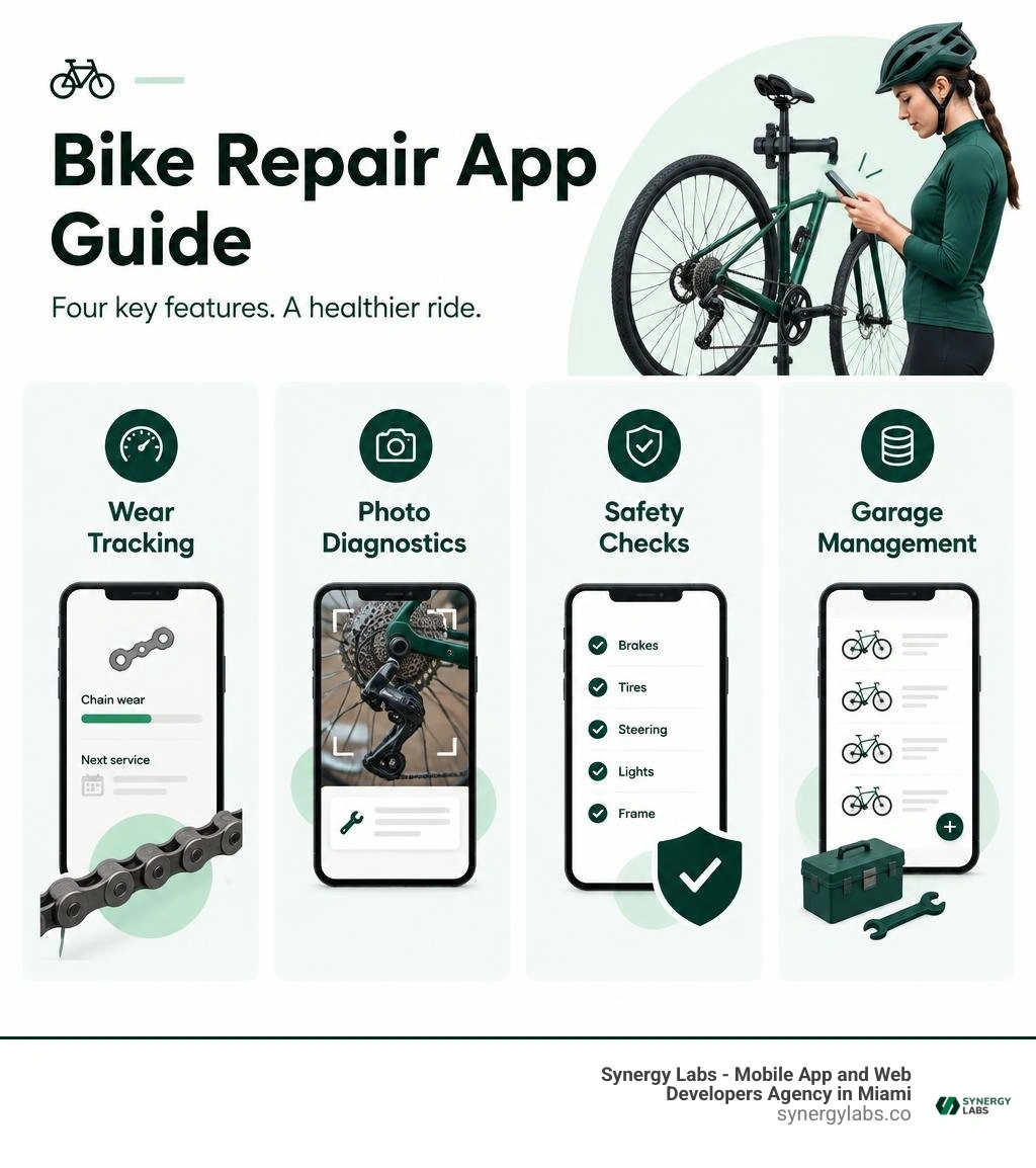 Bike repair app guide comparing wear tracking, photo diagnostics, safety checks, and garage management infographic