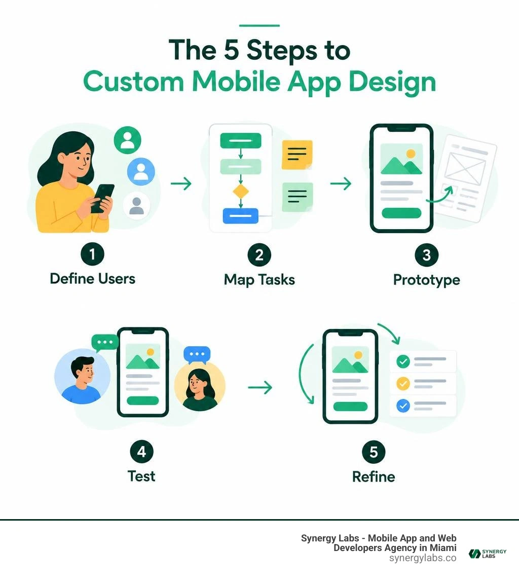 Infographic showing five mobile app design steps: define users, map tasks, prototype, test, refine infographic Infographic showing five mobile app design steps: define users, map tasks, prototype, test, refine infographic