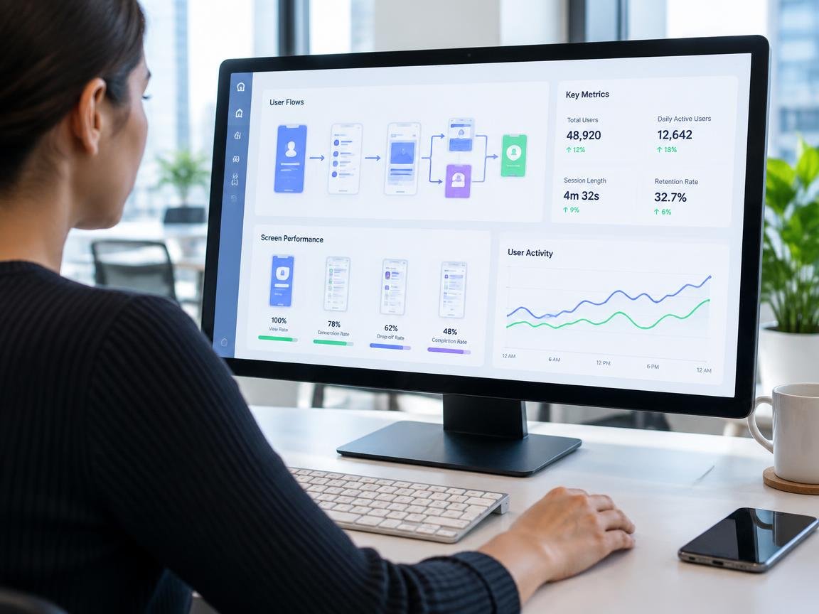 Custom mobile app analytics dashboard displaying user flows and performance metrics Custom mobile app analytics dashboard displaying user flows and performance metrics