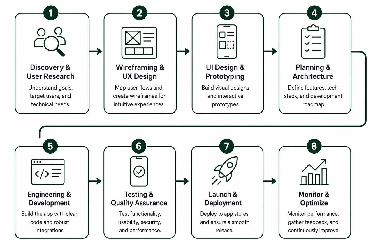 Diagram showing custom mobile app lifecycle from discovery and wireframing to engineering and launch Diagram showing custom mobile app lifecycle from discovery and wireframing to engineering and launch