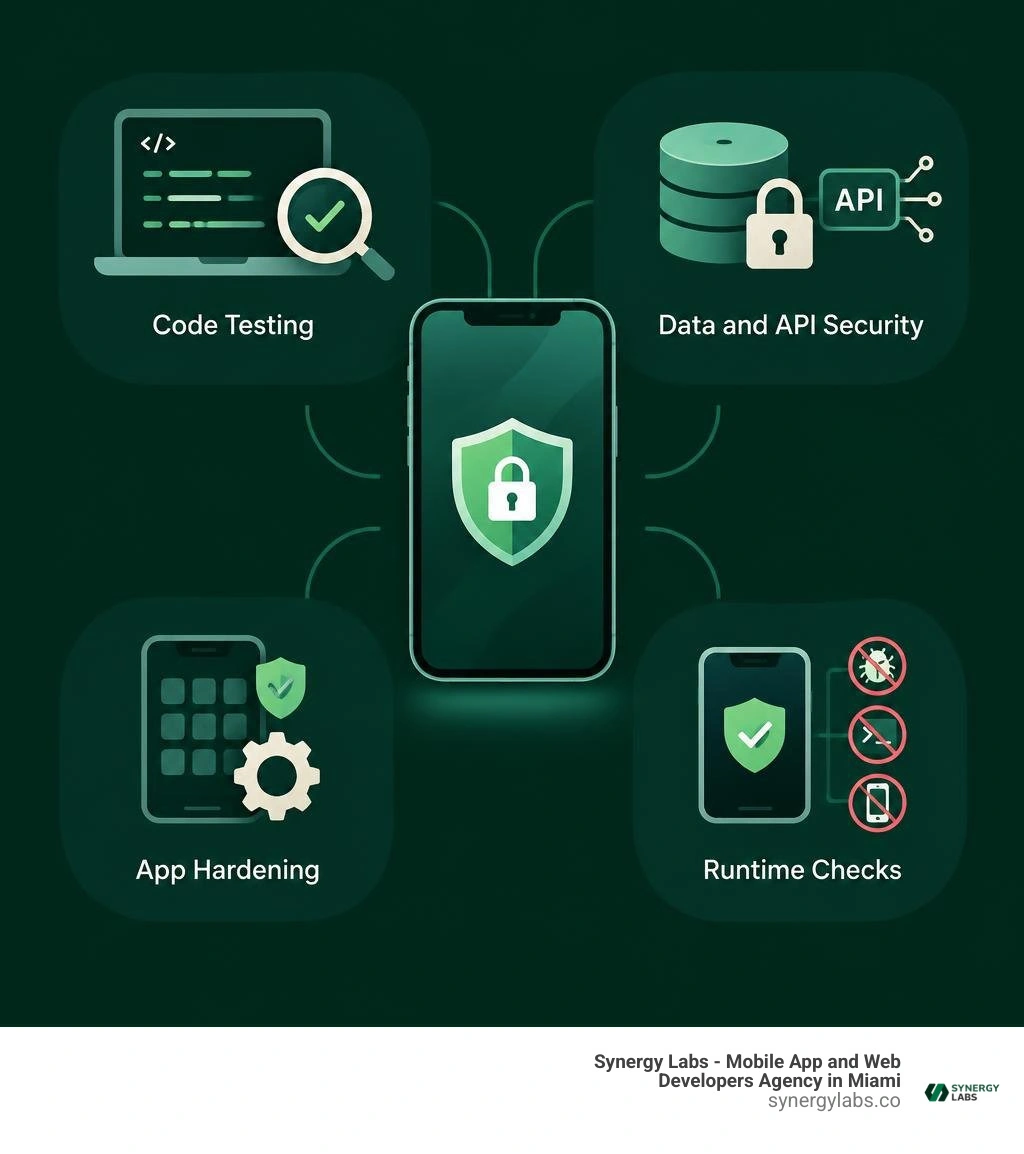 Mobile app protection layers: code testing, data and API security, app hardening, and runtime checks infographic Mobile app protection layers: code testing, data and API security, app hardening, and runtime checks infographic