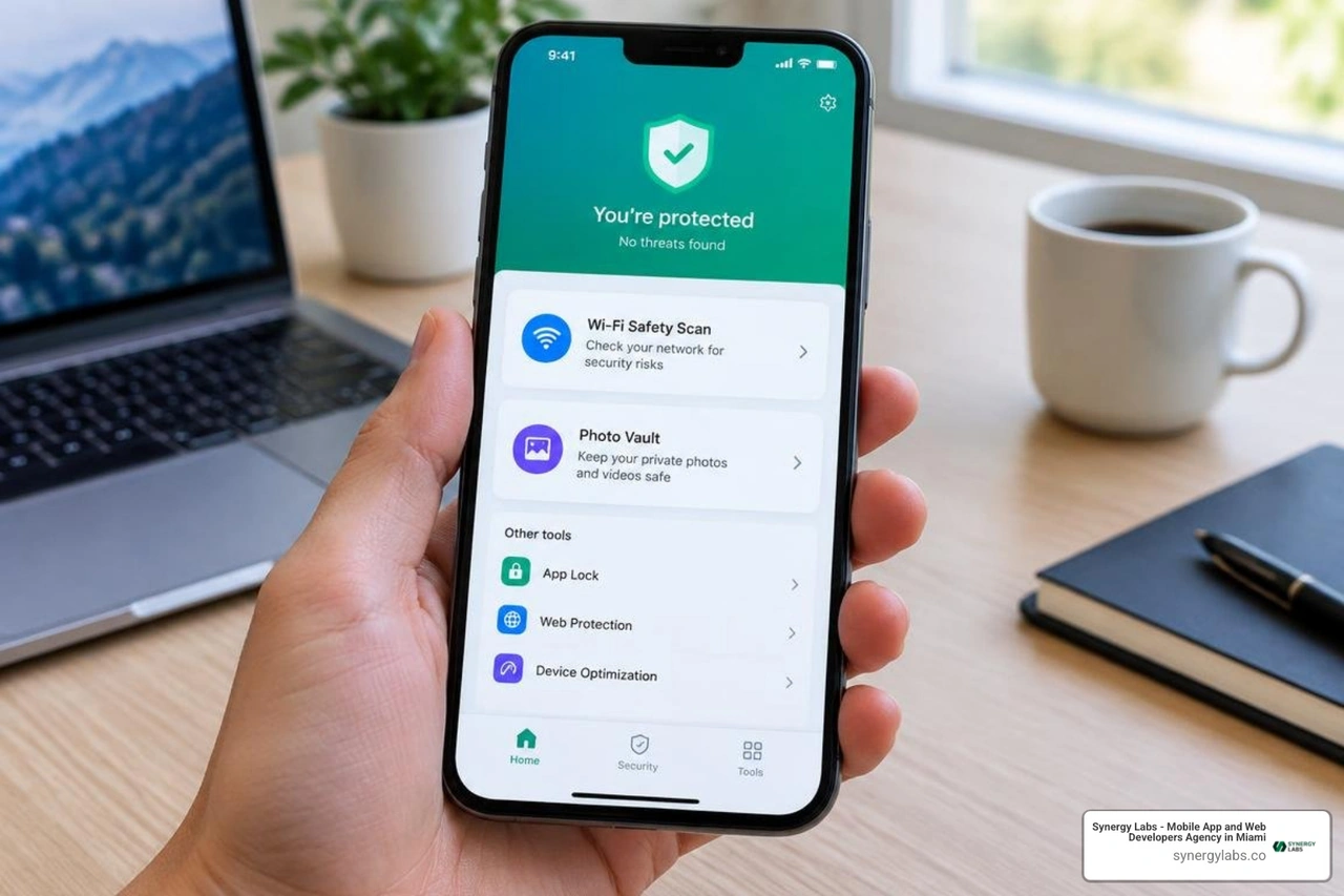 AVG Mobile Security dashboard displaying security checkup tools on iOS