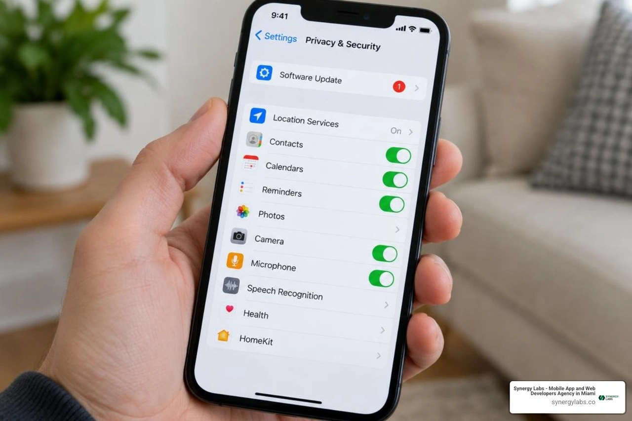 iOS device privacy settings, system permissions, and update options