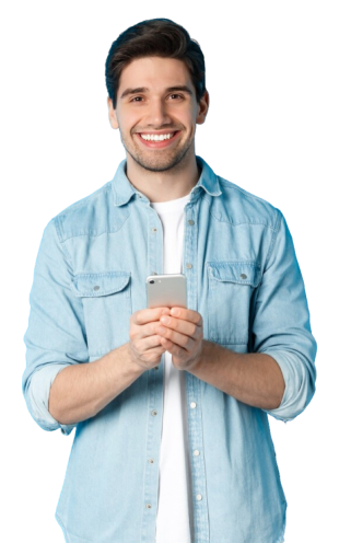 Image of a young professional using his phone, satisfied with customer support provided by Lacy’s AI Phone Agent. The visual highlights the seamless and efficient experience of AI-driven customer support, demonstrating Lacy's ability to deliver personalized, real-time assistance through advanced automation.