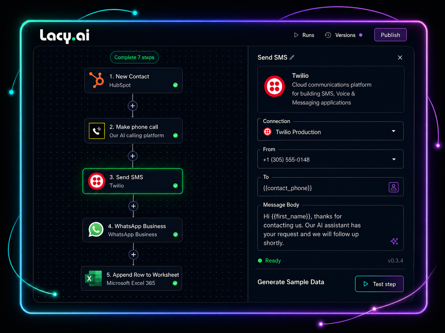 Lacy.ai automation workflow screen for AI appointment scheduling and home service call automation