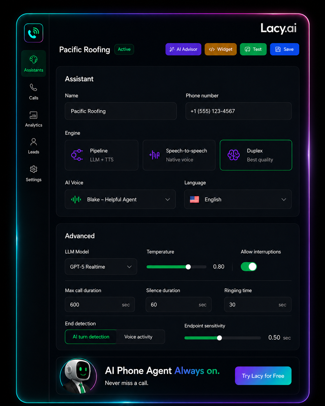 Lacy.ai assistant settings screen for configuring AI phone agent voice, model, language, call duration, and call handling behavior
