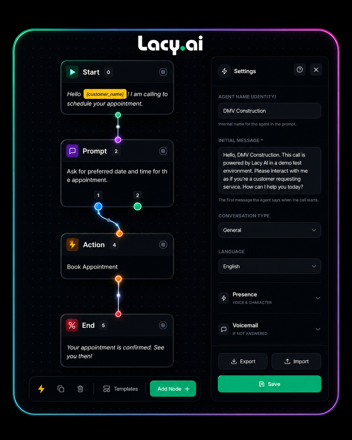 Lacy.ai visual workflow builder for designing AI phone agent automations, conversation flows, call logic, and connected business workflows