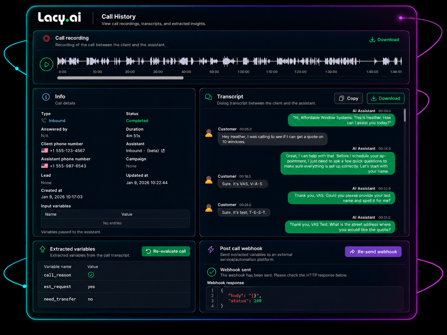 Lacy.ai call history dashboard showing AI phone call records, transcripts, recordings, call status, customer details, and conversation history